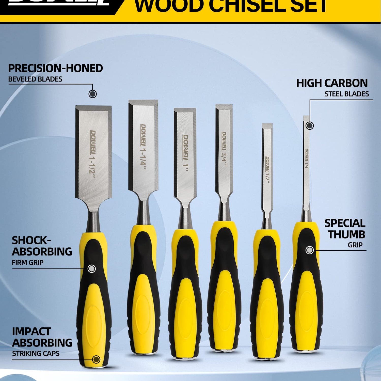 DOWELL 10PCS Wood Chisel Tool Set Sturdy Chisel, 1/4 inch,1/2 inch,3/4 inch,1 inch, 1-1/4",1-1/2"，Honing Guide,Sharpening Stone with Storage Box for DOWELL