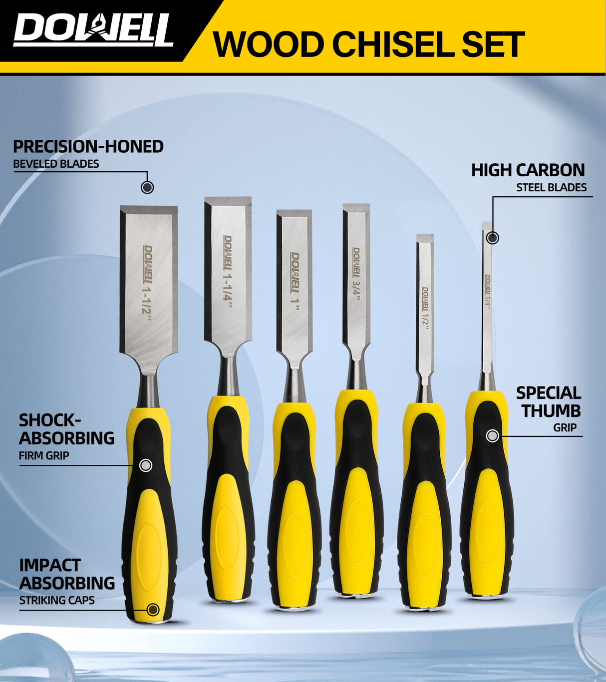 DOWELL 10PCS Wood Chisel Tool Set Sturdy Chisel, 1/4 inch,1/2 inch,3/4 inch,1 inch, 1-1/4",1-1/2"，Honing Guide,Sharpening Stone with Storage Box for DOWELL