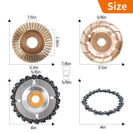 Pomsare Upgraded 4PCS Wood Grinding Wheel for 4" or 4 1/2" Angle Grinder, Grinder Wheel Shaping Disc w/Chain Attachment, Wood Carving Disc Tool for Pomsare
