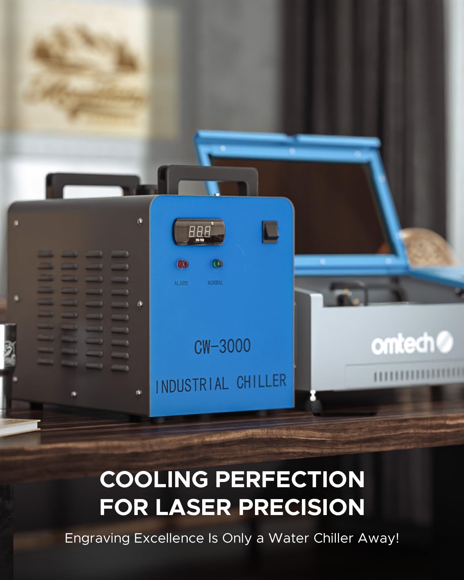 OMTECH 9L Industrial Water Chiller 2.6gpm CW-3000 Water Cooler for 40W K40 CO2 Laser Engraving & Cutting Machines, Water Cooling System Radiates 50W - WoodArtSupply