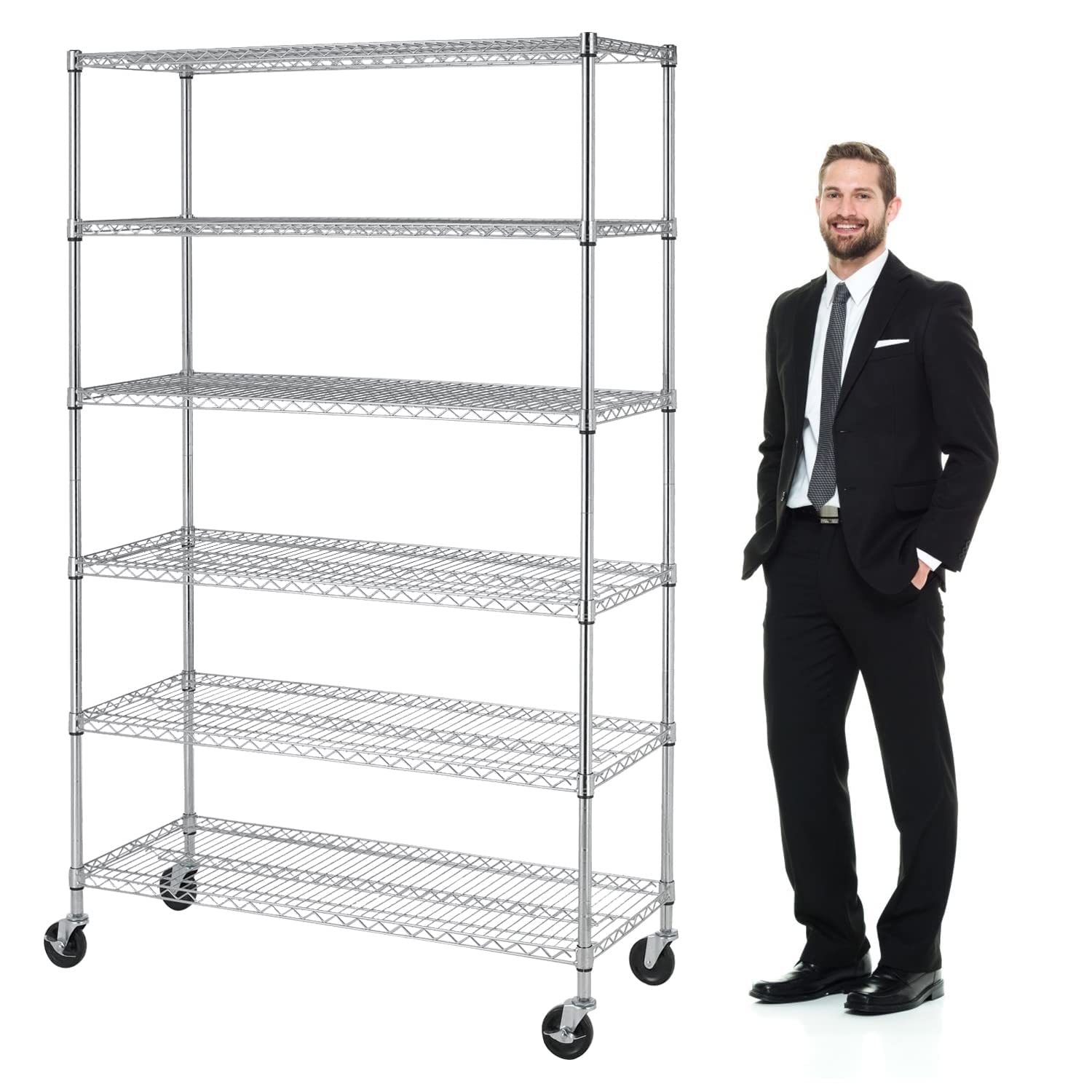 YYkokocat Heavy Duty 6 Tier Shelving Unit Adjustable 6000Lbs Capacity Steel Storage Rack 18" x 48 x 76 Mobile Shelves Wire Shelf Silver Rolling YYkokocat