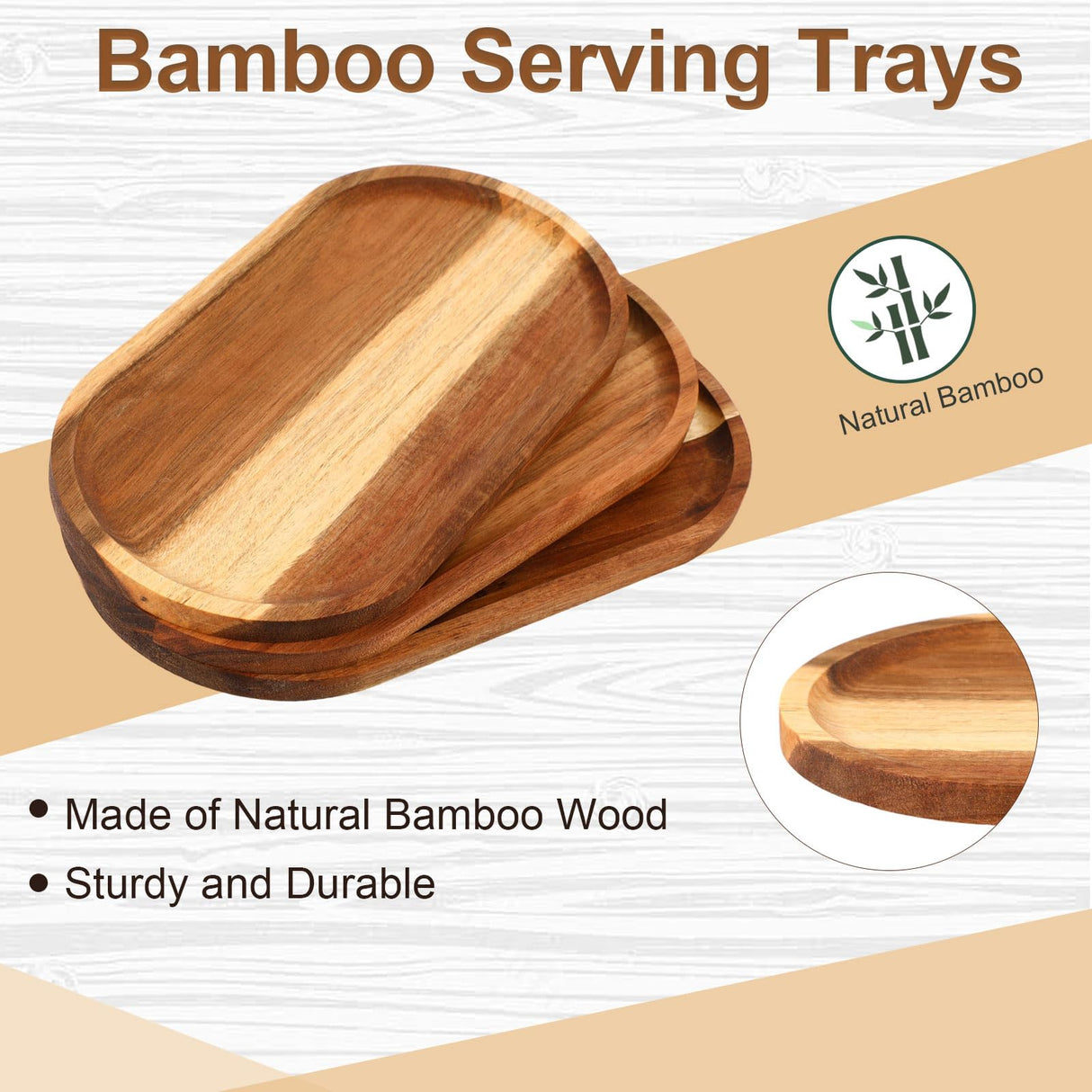 Yaomiao 4 Pcs Acacia Wooden Serving Tray Oval Shaped Rustic Wood Plates Large Decorative Natural Wooden Tray Wooden Serving Platter for Food Yaomiao