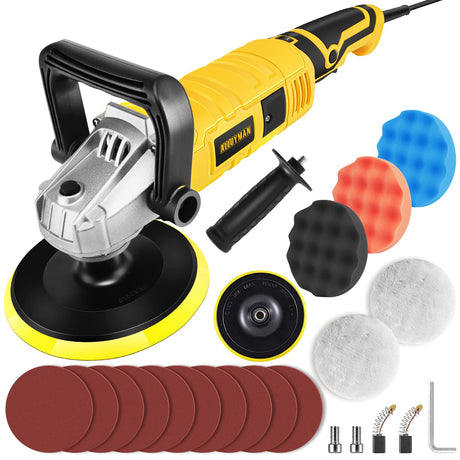 Alloyman Buffer Polisher, 1200W 7 Inch/6 Inch Car Polisher Set, 7 Variable Speed 600-3000 RPM, Car Polishers and Buffers with Detachable Handle for Alloyman