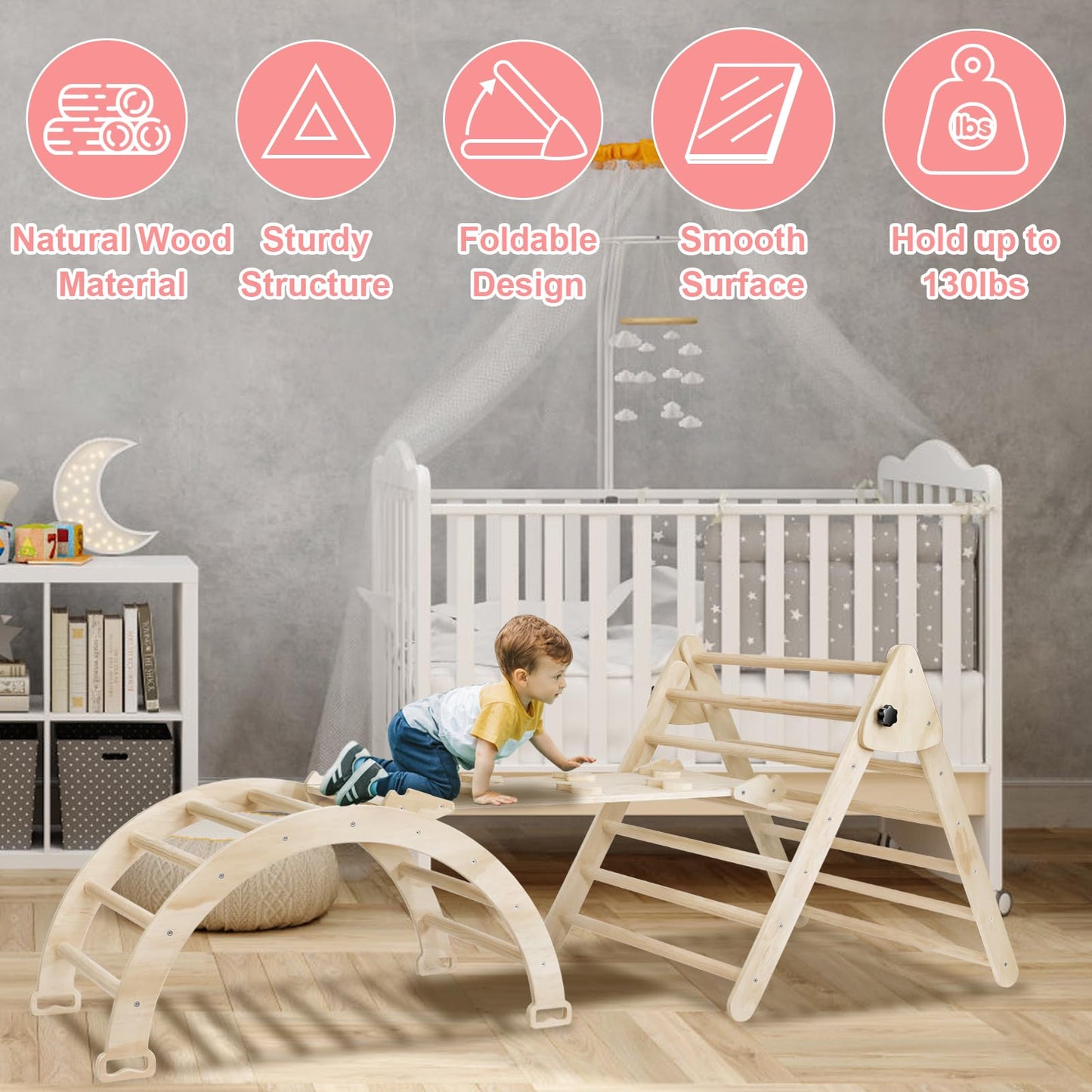 EDOSTORY 5 in 1 Pikler Triangle Set, Indoor Playground and Gym for Kids, Montessori Foldable Wooden Climbing Triangle Ladder Set with Slide and