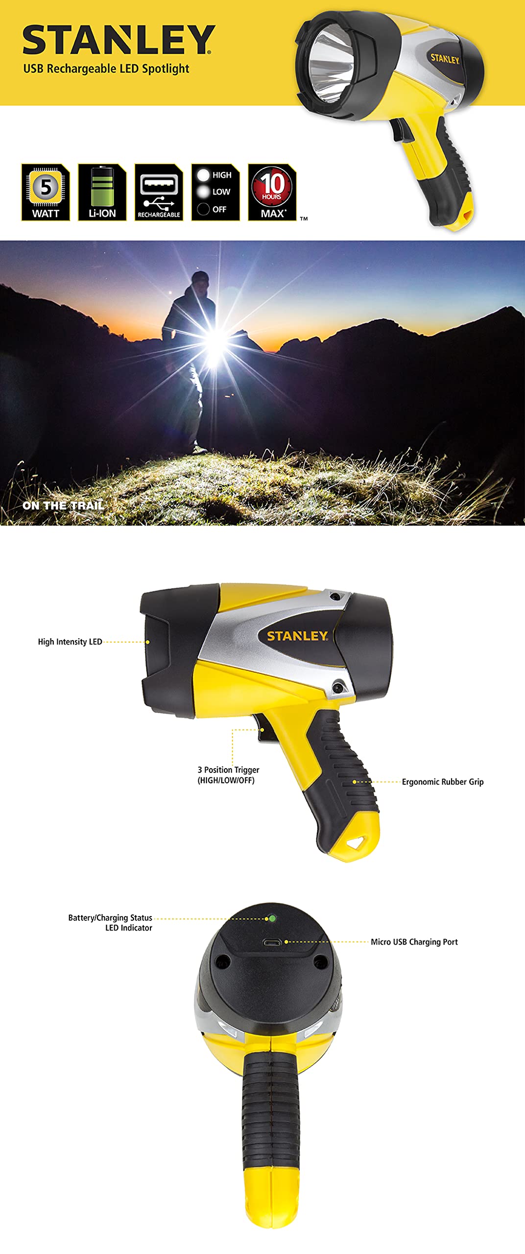STANLEY SL5W09 Rechargeable 1000 Lumen Lithium Ion Ultra Bright LED Spotlight Flashlight STANLEY