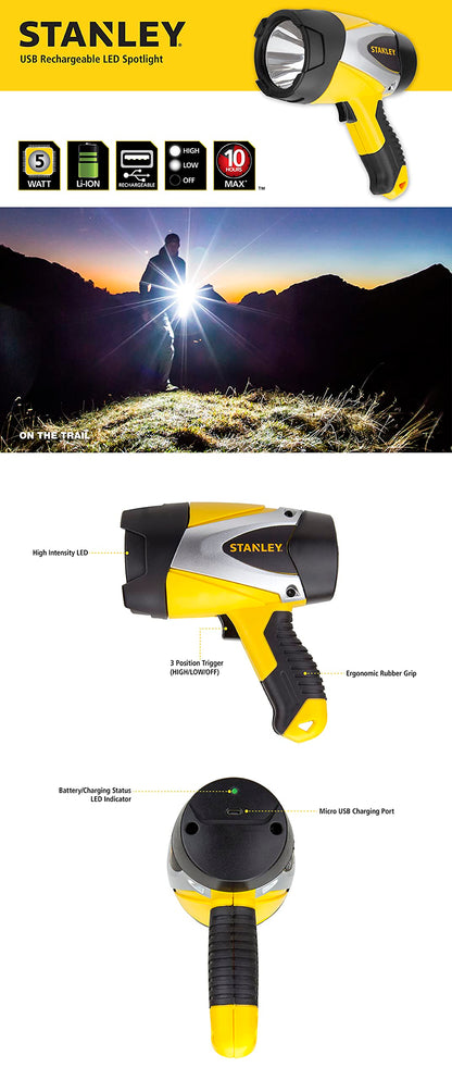 STANLEY SL5W09 Rechargeable 1000 Lumen Lithium Ion Ultra Bright LED Spotlight Flashlight - WoodArtSupply