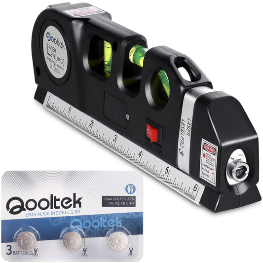 Laser Level Line Tool, Qooltek Multipurpose Cross Line Laser 8 feet Measure Tape Ruler Adjusted Standard and Metric Rulers for hanging pictures - WoodArtSupply