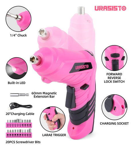 URASISTO Pink Household Tool Set with Drill, 136 PCS Home Tool Kit with 3.6V Cordless Lithium-ion Drill Driver, Hand Tool Kits for Women URASISTO