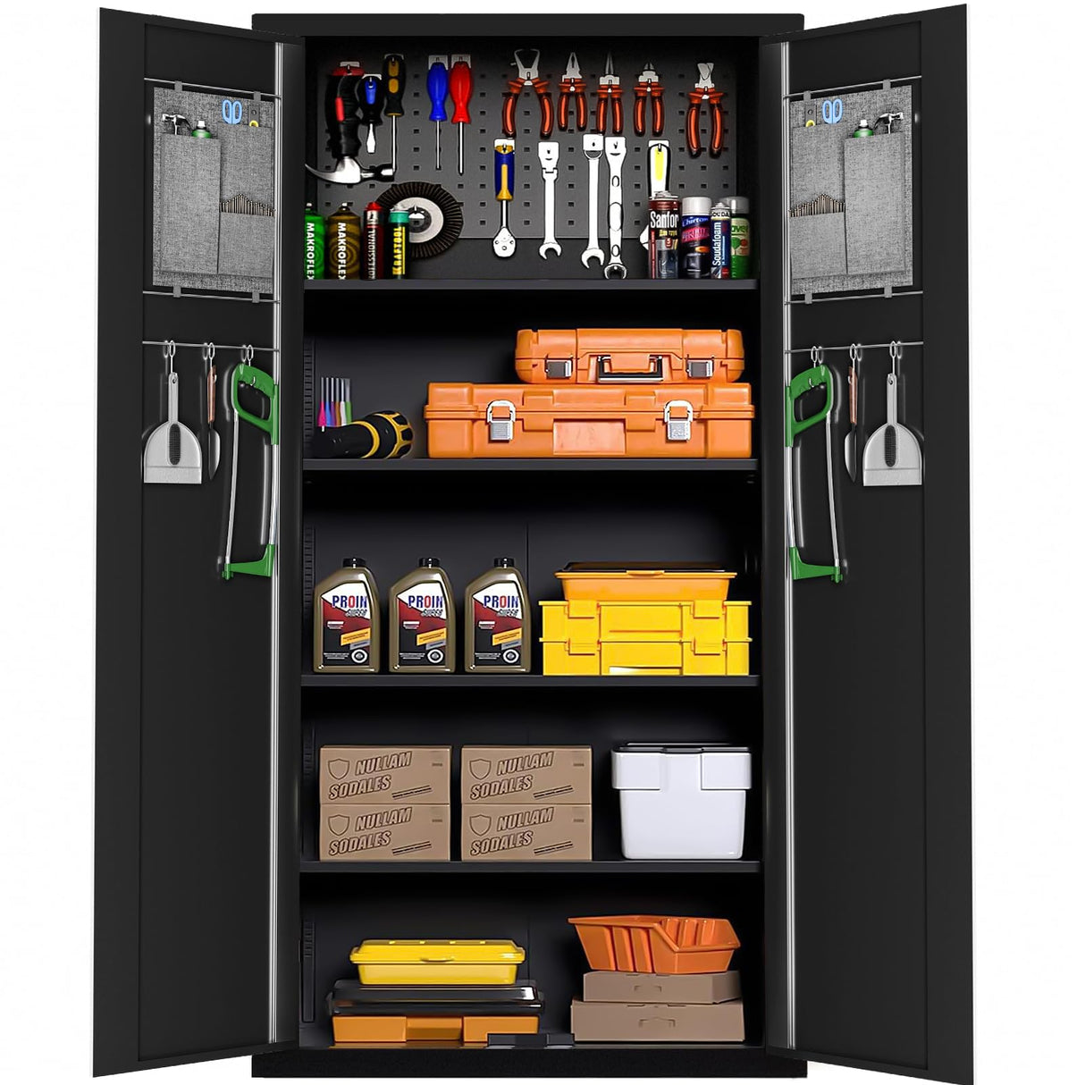 Greenvelly Metal Garage Storage Cabinet with with Pegboard,Black Tool Steel Cabinet with Doors and Adjustable Shelves, Tall Lockabke Garage Cabinet Greenvelly
