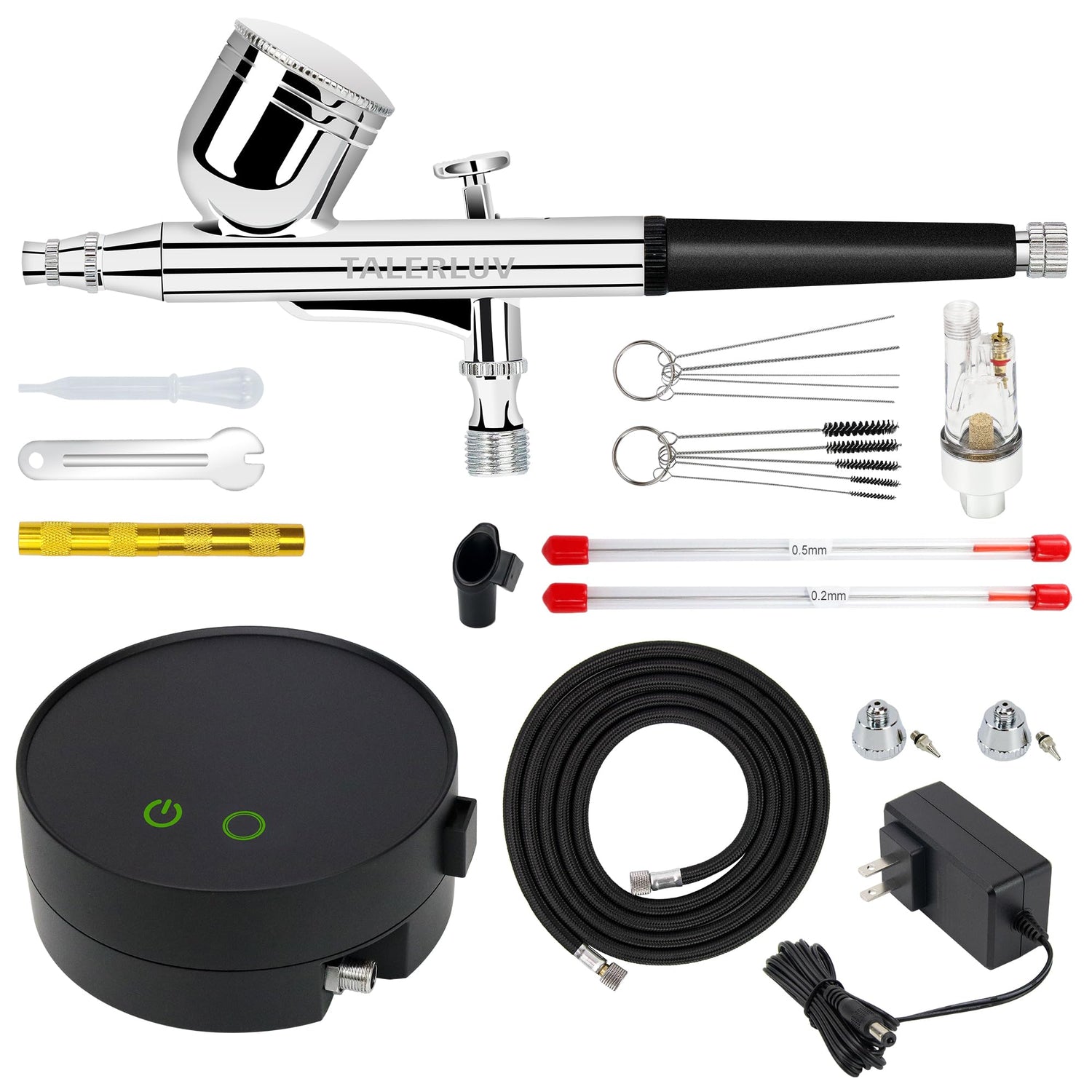 Adjustable Airbrush Compressor Kit - 3 PSI Settings up to 30 PSI, Dual Action Airbrush with Multiple Nozzles and Accessories for Painting, Model talerluv