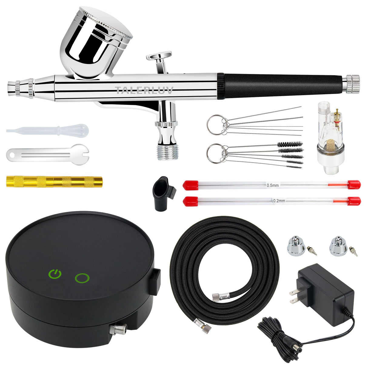 Adjustable Airbrush Compressor Kit - 3 PSI Settings up to 30 PSI, Dual Action Airbrush with Multiple Nozzles and Accessories for Painting, Model talerluv