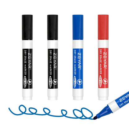 ZEYAR Low Odor Dry Erase Marker, Bullet Tip White Board Marker, 4 Count (2 Black,Blue,Red) - WoodArtSupply