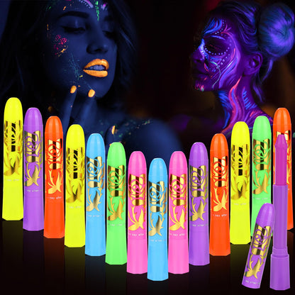 15PCS Glow in the Dark Body & Face Paint Stick,Makeup Face Paint Kit for Kids and Adults Halloween Club Black Light Birthday Party Masquerade Neon - WoodArtSupply