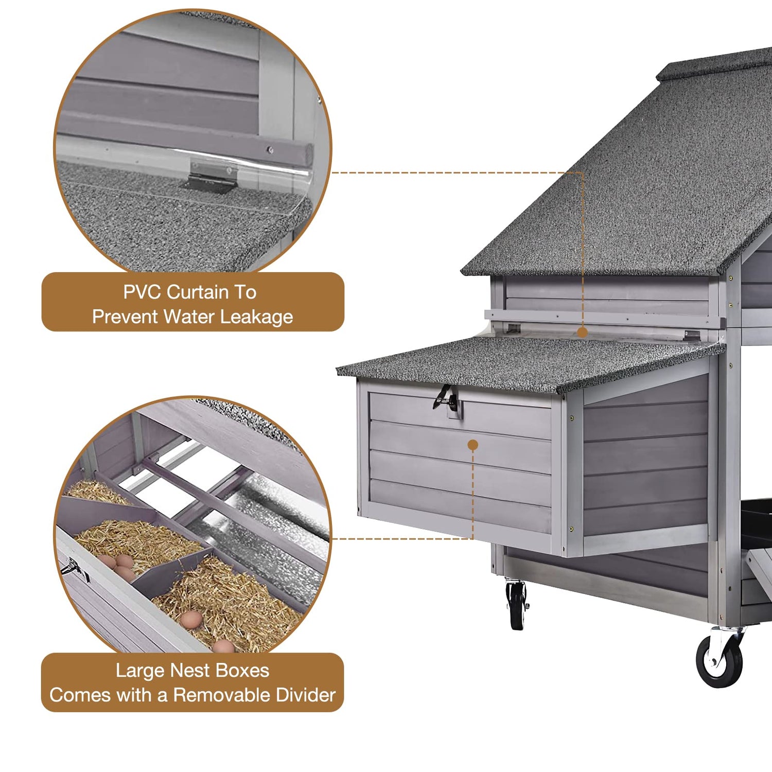 Chicken Coop Poultry Cage on Wheels Outdoor Duck Coop Wooden Hen House with Large Nesting Box, Movable GUTINNEEN