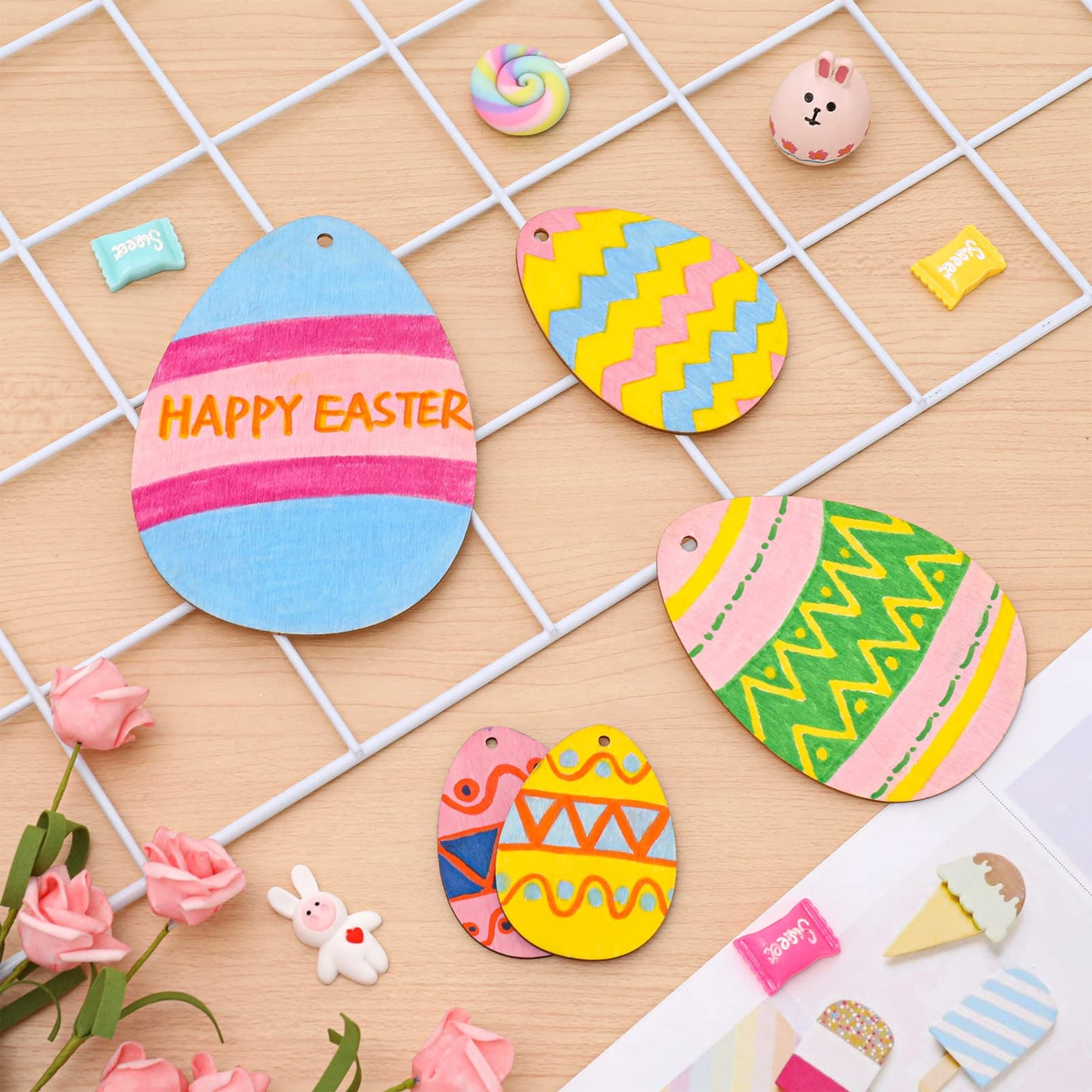 Whaline 40Pcs Easter Egg Wooden Cutouts with Hemp Rope Easter Egg Unfinished Wood Ornaments Egg Shaped Blank Wooden Slices for Easter Spring Home