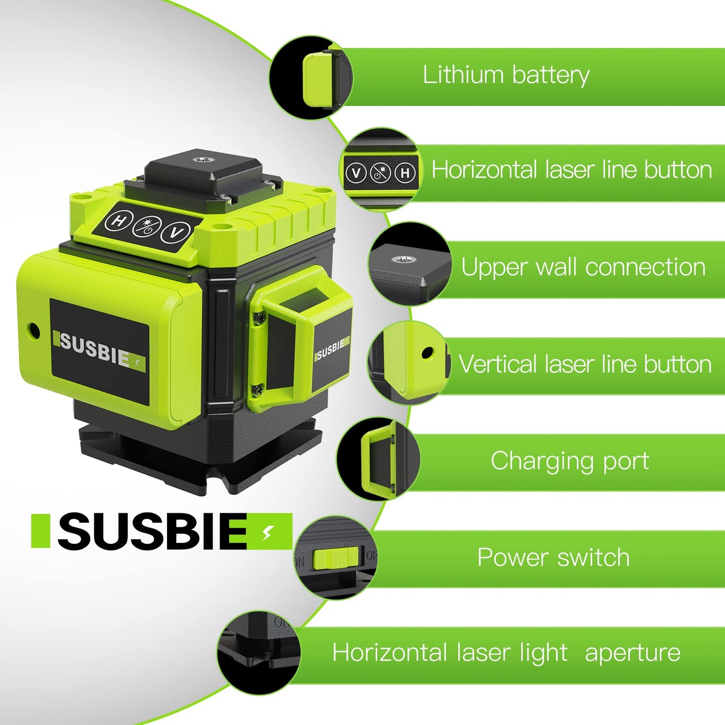 Susbie Laser Level -3x360° Cross Line Laser for Construction and Picture Hanging-12 Green Lasers with Self-leveling-Level Tool with 10000 mAh - WoodArtSupply