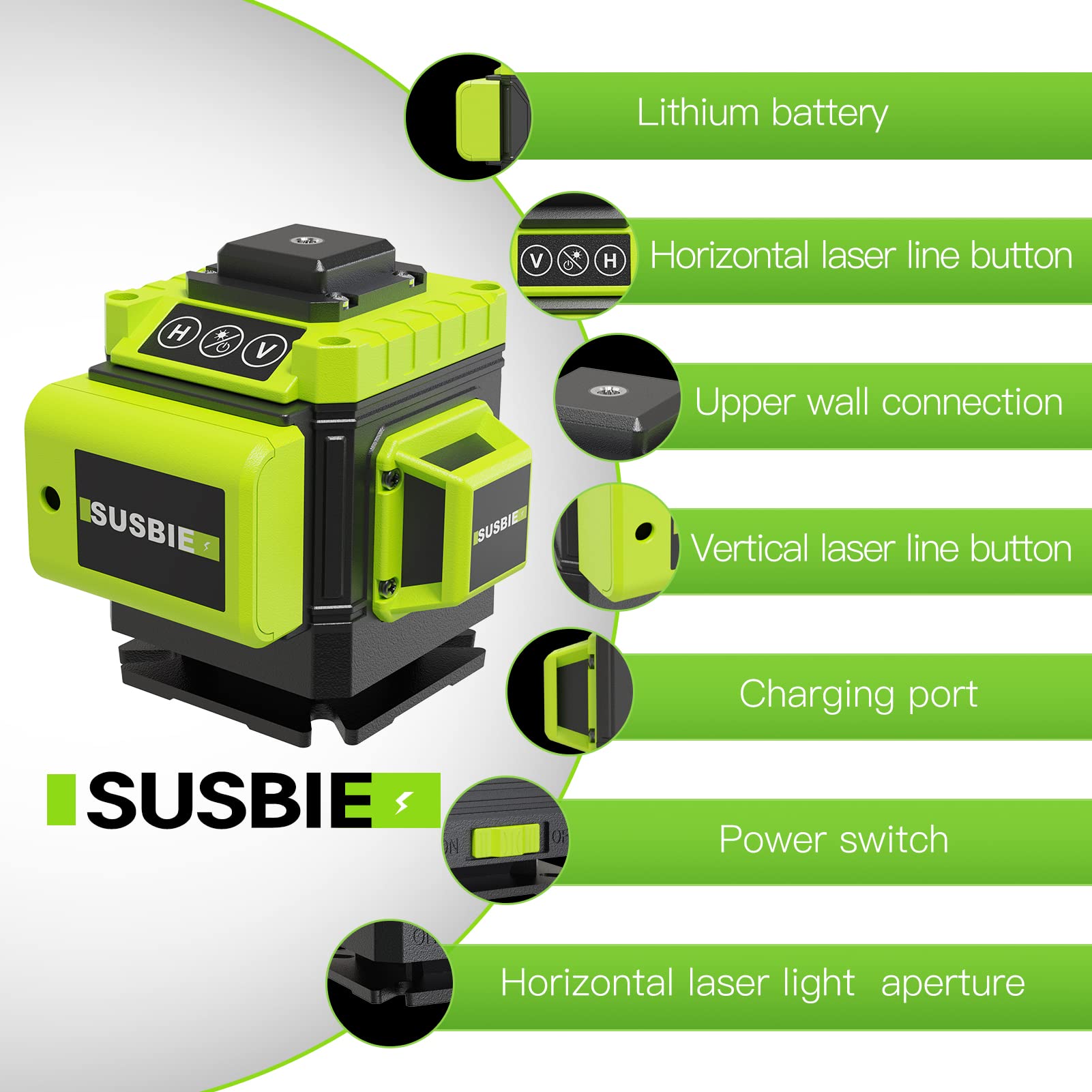 Susbie Laser Level -3x360° Cross Line Laser for Construction and