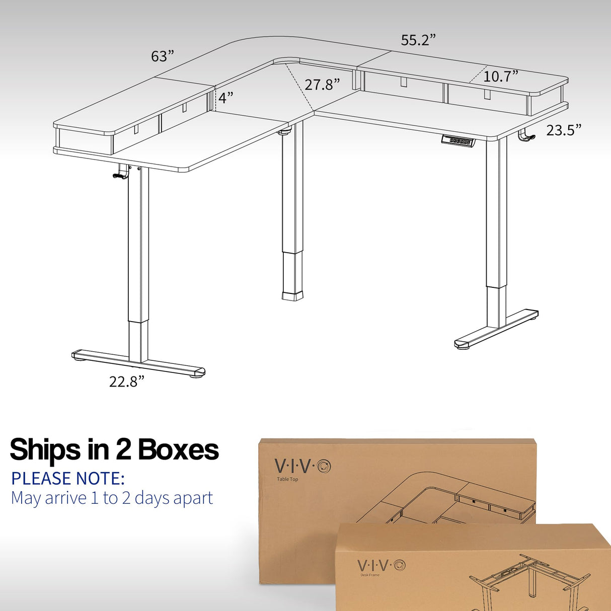 VIVO Electric 2-Tier Height Adjustable 63 x 55 inch Stand Up Corner Desk, L-Shaped Mobile Table with Memory Controller, Black Table Top, Black Frame, VIVO