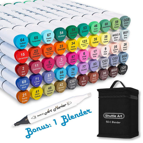 Shuttle Art 51 Colors Dual Tip Alcohol Based Art Markers, 50 Colors plus 1 Blender Permanent Marker Pens Highlighters with Case Perfect for Shuttle Art