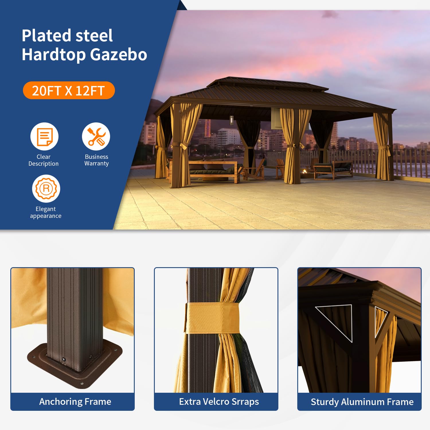 Jolydale 12FT×20FT Hardtop Aluminum Gazebo, Outdoor Metal Frame Canopy with Mosquito Net and Privacy Sidewalls,for Patio, Backyard, Large Size Jolydale