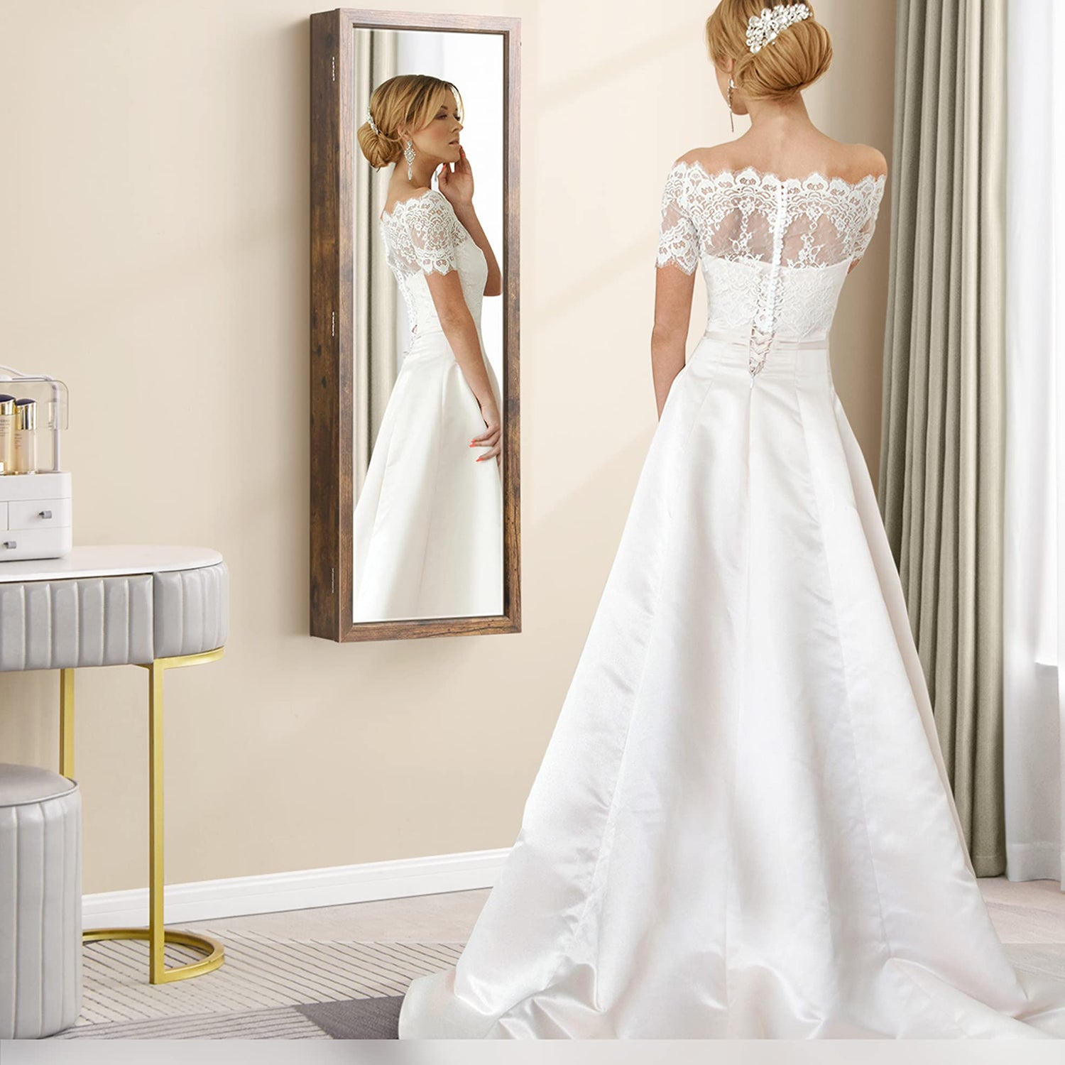 Nicetree 6 LEDs Mirror Jewelry Cabinet with 3 Improvements, 4.2" D Door/Wall Mounted Jewelry Armoire with Full Length Mirror, Larger Capacity, Nicetree