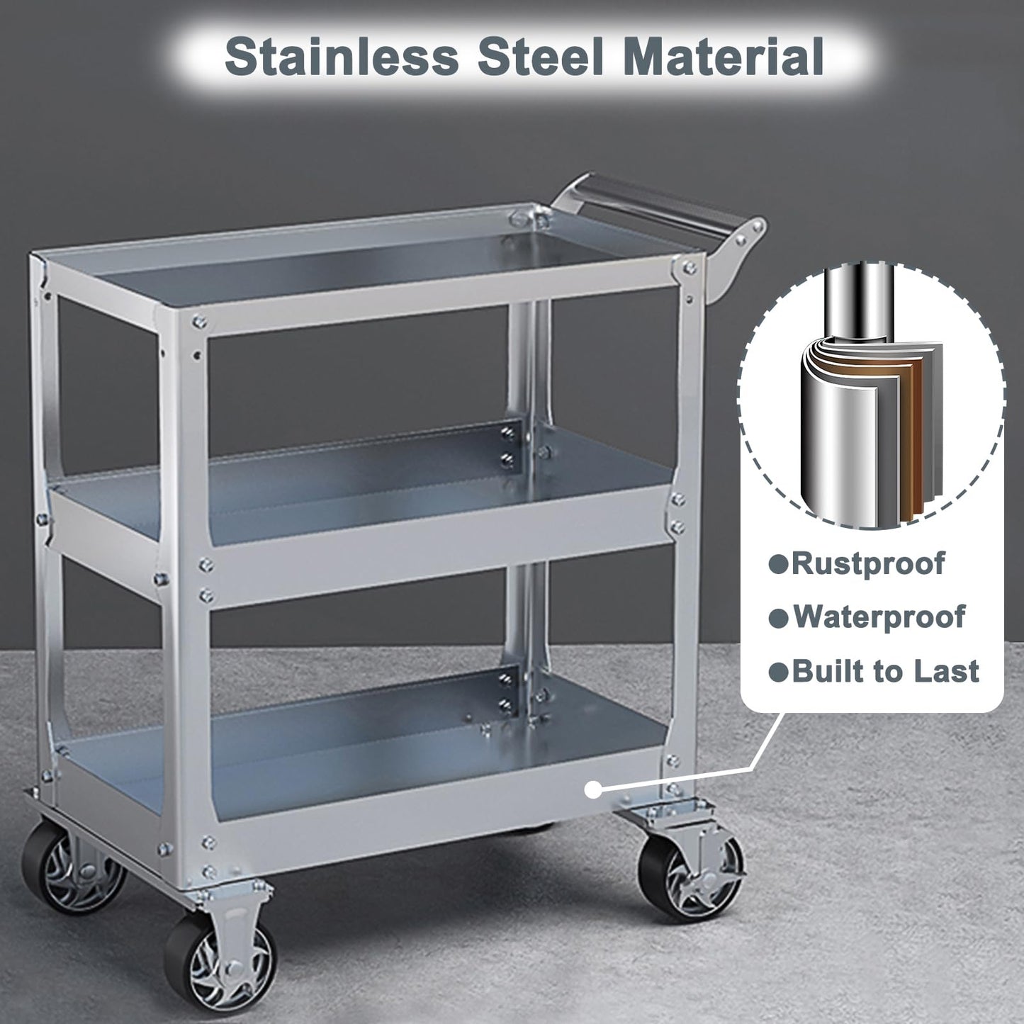 3-Tier Stainless Steel Utility Cart, 1100 lbs Heavy Duty Service Cart with Wheels, Rolling Tool Cart on Wheels, Work Cart for Mechanic, Garage,