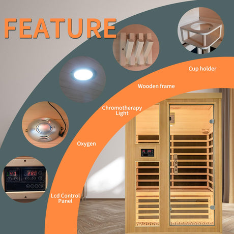 Zugoni 2 Person Far Infrared Indoor Sauna Room,1850w Carbon Canadian Hemlock Wooden Dry Sauna with Dual Control Panel and MP3 Controller, 8 Carbon Zugoni