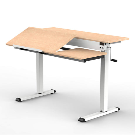Stand Up Desk Store 48" Crank Adjustable Height Split Level Drafting Table Ergonomic Desk with Monitor Shelf (White/Birch) S Stand Up Desk Store