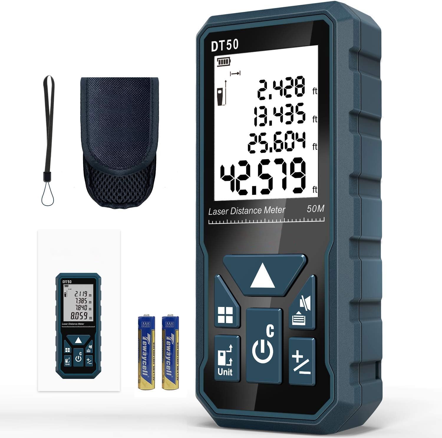 Laser Measure 165ft DT50 Laser Distance Meter 50M, Portable Handle Digital Measure Tool Range Finder, Larger Backlit LCD 4 Line Display IP54 DTAPE
