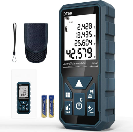 Laser Measure 165ft DT50 Laser Distance Meter 50M, Portable Handle Digital Measure Tool Range Finder, Larger Backlit LCD 4 Line Display IP54 DTAPE