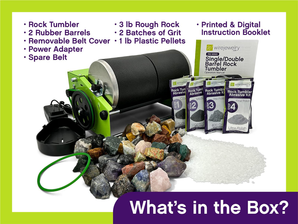 WireJewelry Pro-Series Double Barrel Rock Tumbler Kit - Includes 3 Pounds of Gemstones of The World Stone Mix and 2 Batch of 4 Step Abrasive Grit and WireJewelry