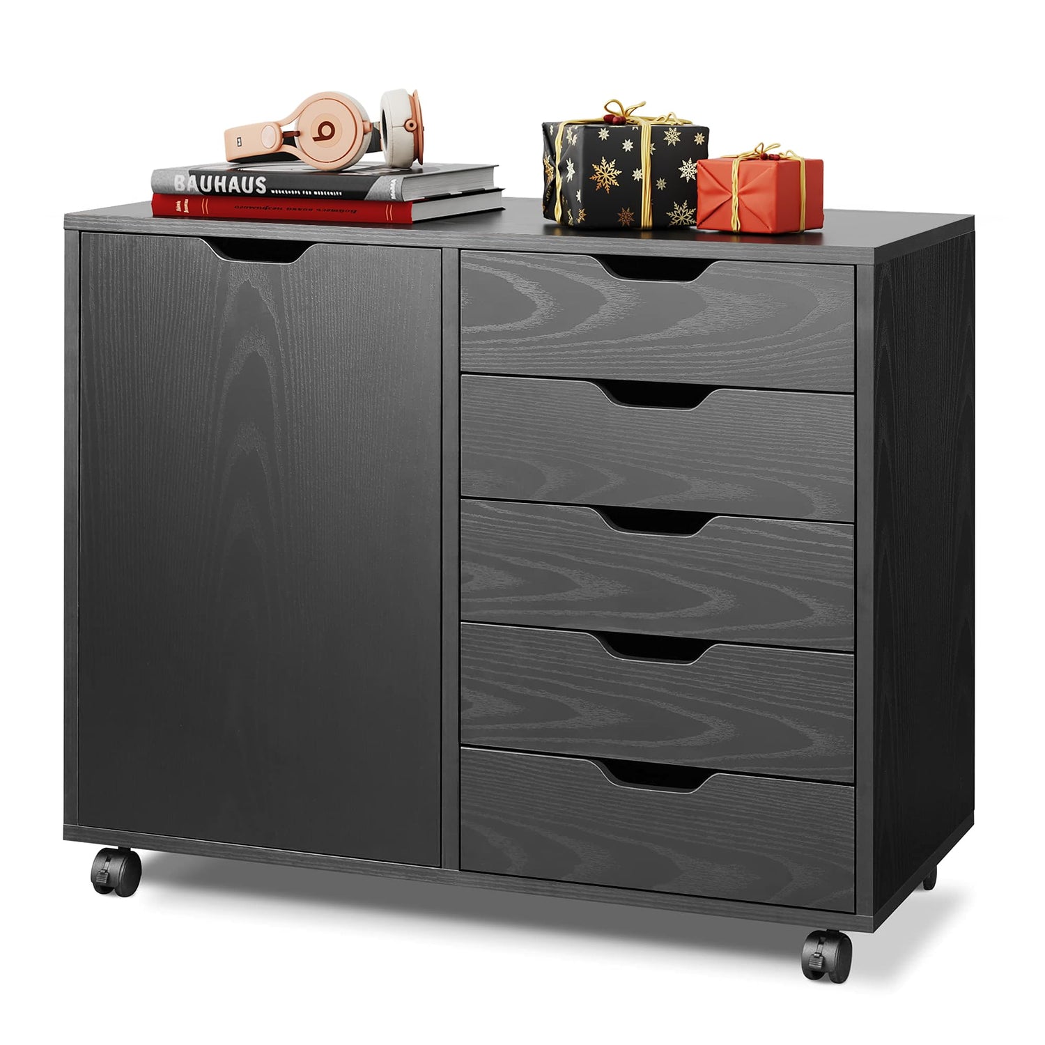 DEVAISE 5-Drawer Wood Dresser Chest with Door, Mobile Storage Cabinet, Printer Stand for Home Office, Black DEVAISE