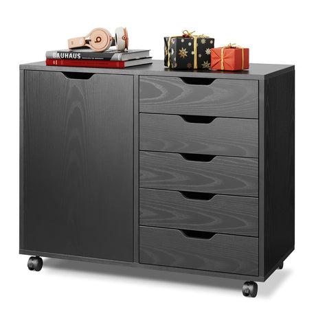 DEVAISE 5-Drawer Wood Dresser Chest with Door, Mobile Storage Cabinet, Printer Stand for Home Office, Black DEVAISE