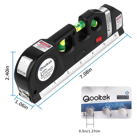 Laser Level Line Tool, Qooltek Multipurpose Cross Line Laser 8 feet Measure Tape Ruler Adjusted Standard and Metric Rulers for hanging pictures Qooltek
