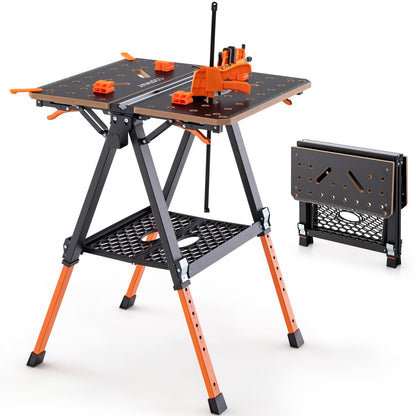 IRONMAX Folding Work Table, 2-in-1 Heavy Duty Workbench & Sawhorse w/ 2 Quick Clamps and 4 Clamp Dogs, 8 Adjustable Height Work Bench for Woodworking