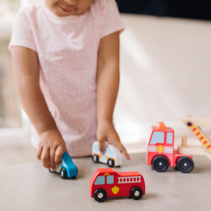 Melissa & Doug Wooden Emergency Vehicle Carrier Truck With 1 Truck and 4 Rescue Vehicles - WoodArtSupply