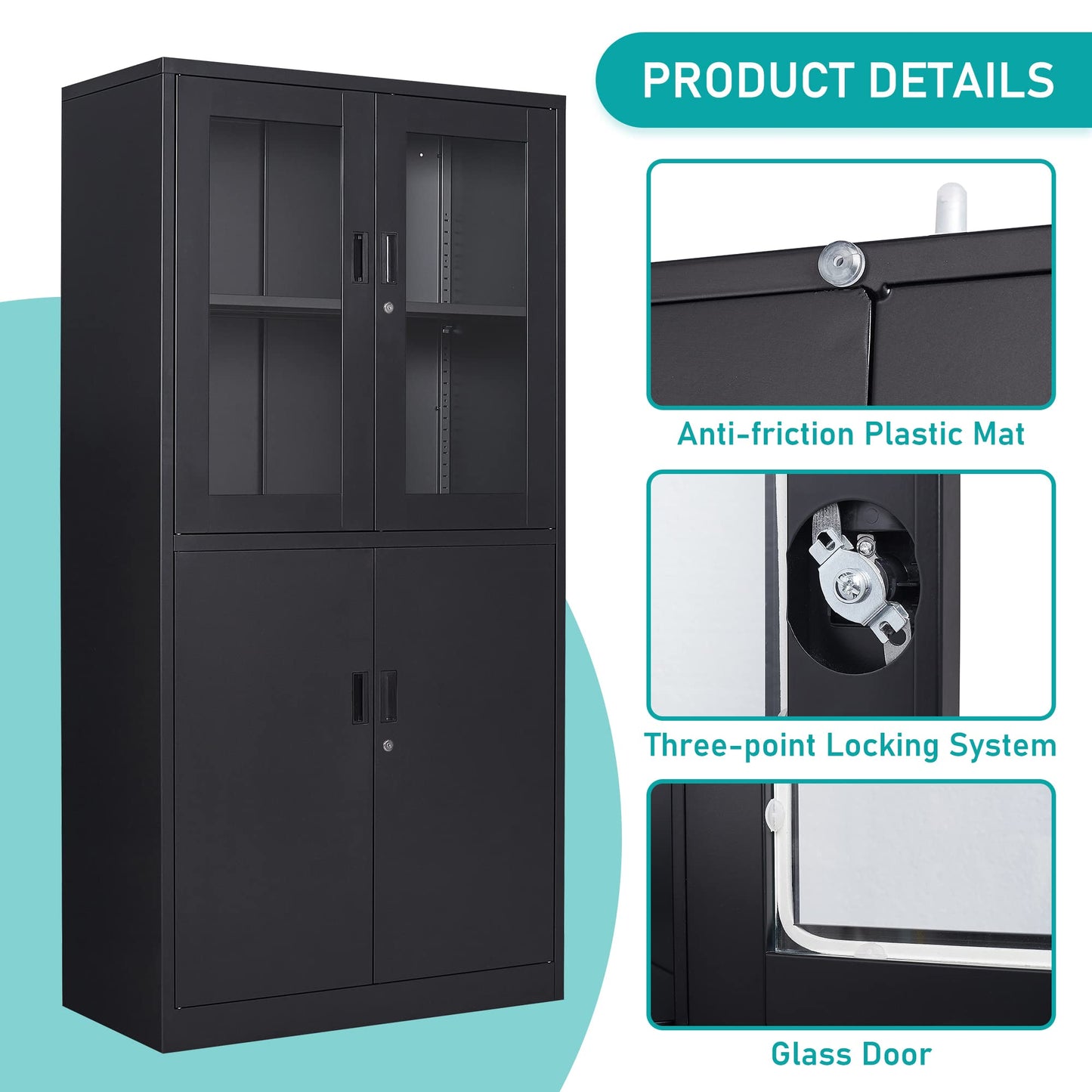 MIIIKO Black Metal Storage Cabinet with Glass Doors, Black Display Cabinet with Adjustable Shelves and Locking Doors, for Home Office, School and - WoodArtSupply