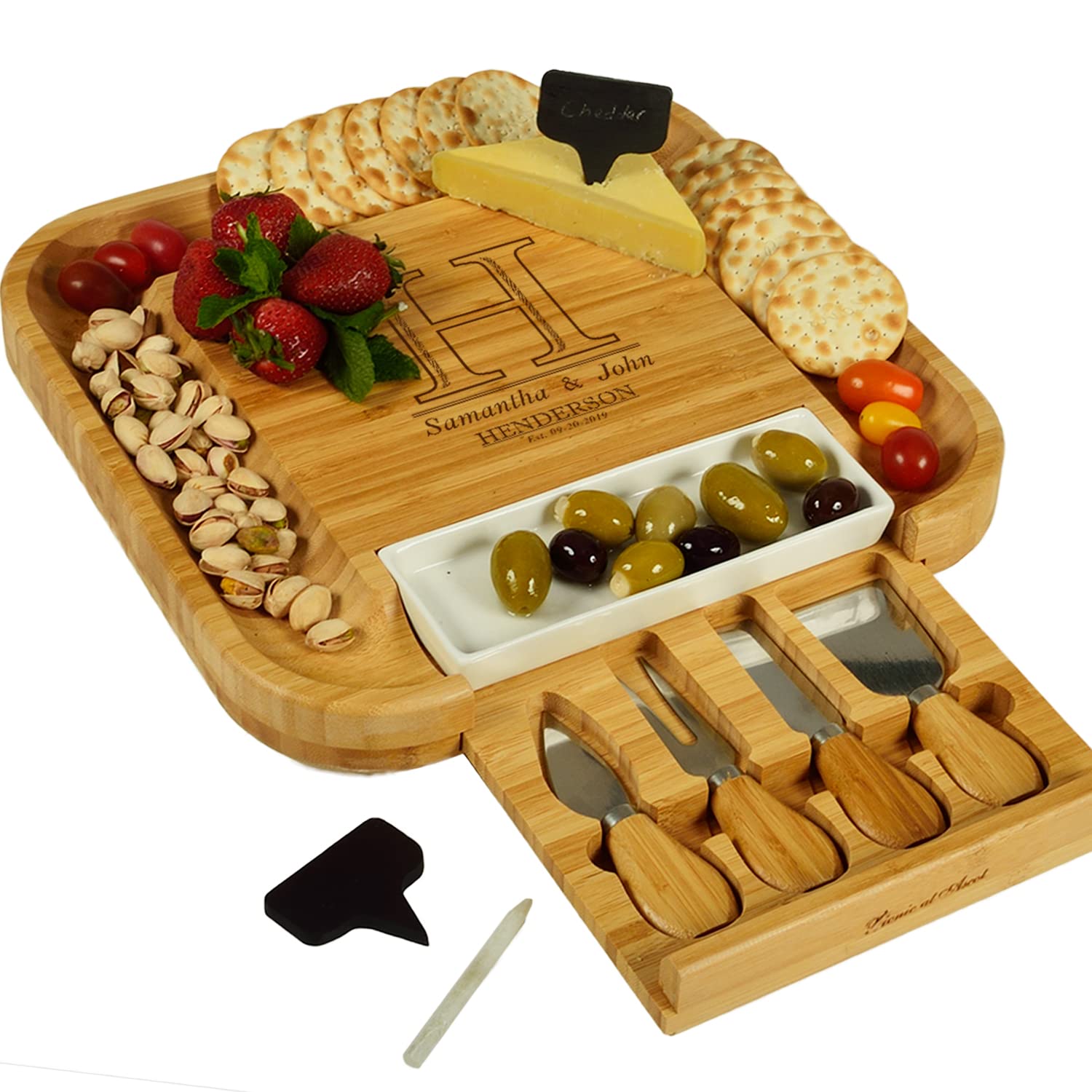 Custom Personalized Engraved Bamboo Cutting Board for Cheese & Charcuterie with Ceramic Dish, Knife Set & Cheese Markers -by Picnic at Ascot USA - WoodArtSupply