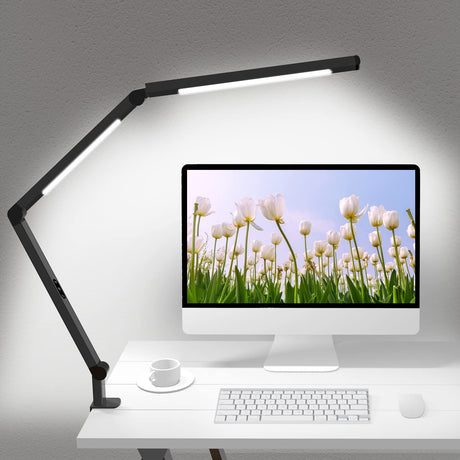 LED Desk Lamp with Clamp, Architect Desk Lamp with Dual Light and Adjustable Swing Arm, Clip-on Eye-Care 4 CCT Modes & 5 Brightness Levels Table Micomlan