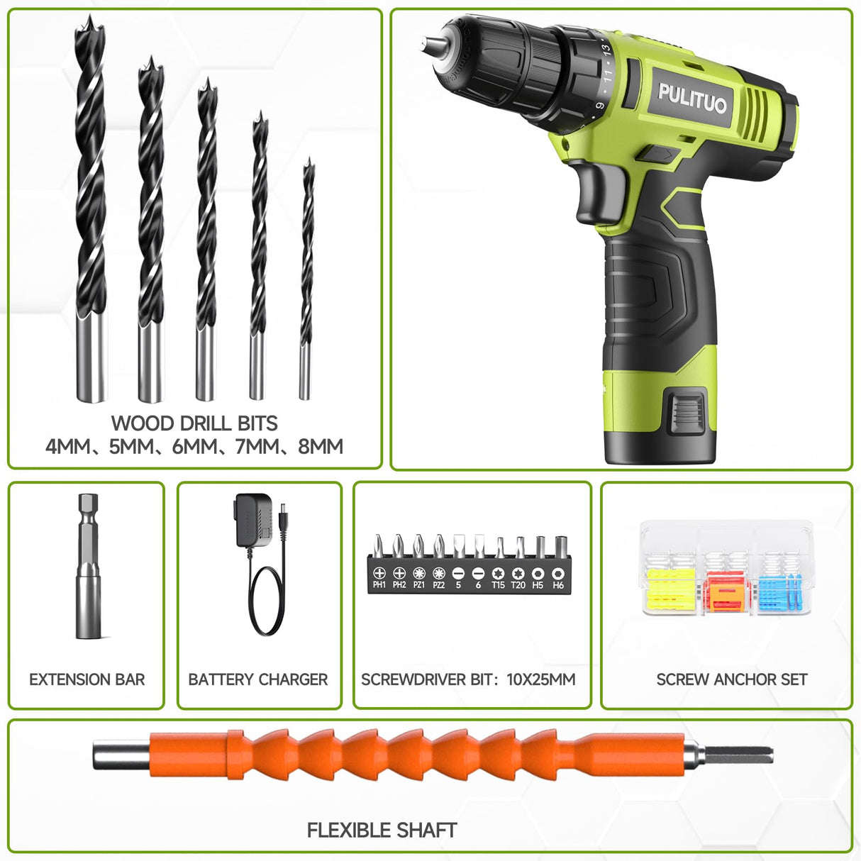 PULITUO 12V Green Cordless Drill Set Power Drill Kit with Battery and Charger,electric drill home improvement,3/8-Inch Keyless Chuck,Built-in PULITUO