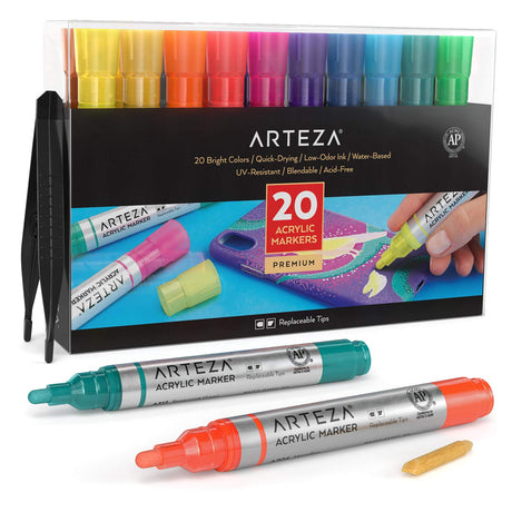 ARTEZA Acrylic Paint Markers, Set of 20 Acrylic Paint Pens in Assorted Colors, Art & Craft Supplies, Use on Canvases for Painting, Glass, Pottery, ARTEZA