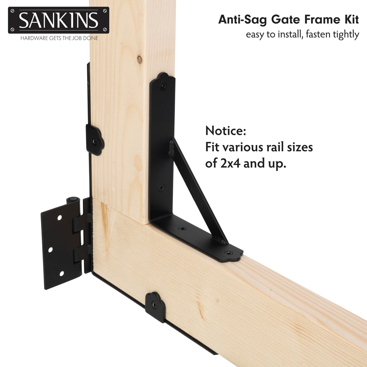 SANKINS 2 Set Anti Sag Gate Corner Brace Bracket, Heavy Duty No Sag Gate Frame Kit with Self-Locking Gate Latch, Black Gate Kit for Wooden Fence,