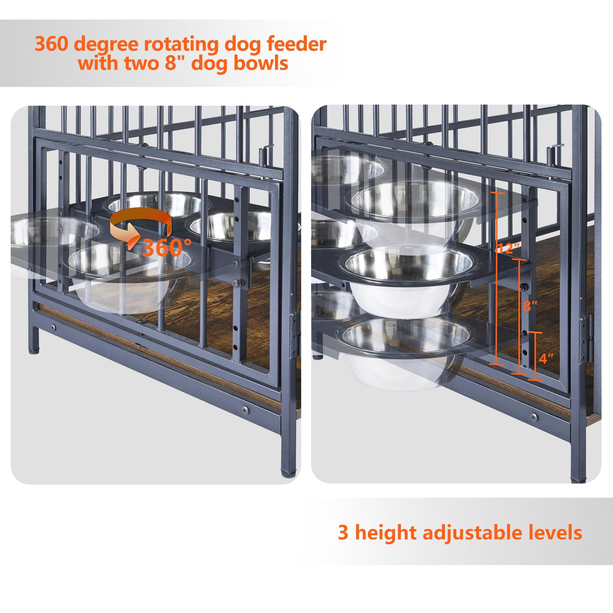 SEPTBOT Large Dog Kennel Indoor Furniture, 41 Inch Large Dog Crate with 360° Adjustable Feeder-2 Stainless Steel Bowls, Wooden Dog Cage Table for SEPTBOT