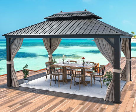 MELLCOM 10' X 13' Hardtop Gazebo Galvanized Steel Outdoor Gazebo Canopy Double Vented Roof Pergolas Aluminum Frame with Netting and Curtains for MELLCOM