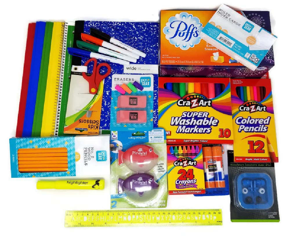 Back to School Supplies Bundle with Tissue, Markers, Pencils, Sharpeners, Crayons, Erasers, Glue Sticks, Earbuds, Paper Folders, Ruler, Ruled Index Grand Bay Market