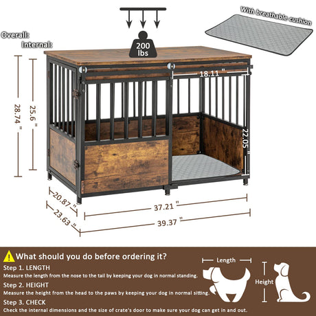 KOOPRO 40 Inch Dog Crate Furniture with Cushion for Large Medium Dogs, Wooden Heavy Duty Dog Kennel with Double Doors, Decorative Pet House Dog Cage KOOPRO