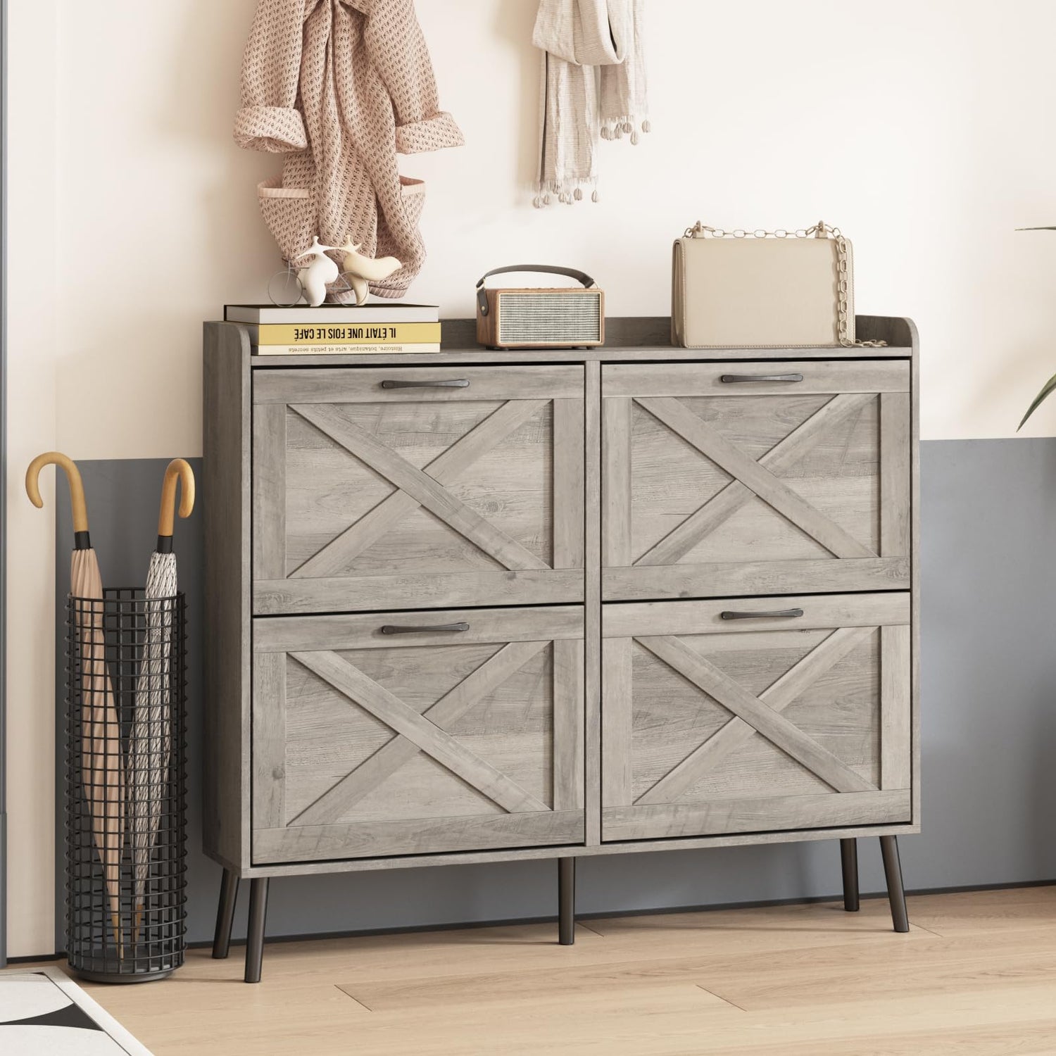 Maupvit Large Shoe Cabinet with 4 Flip Drawers, Freestanding Shoe Cabinet Organizer with Metal Drawer Bracket, Shoes Storage Cabinet for Entryway, Maupvit