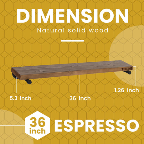 TEN49 Espresso Industrial Pipe Floating Wood Shelf - 36" Rustic Decor TEN49