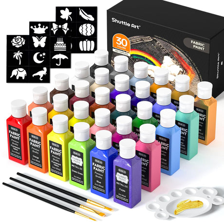 Fabric Paint, Shuttle Art 30 Colors Permanent Soft Fabric Paint in Bottles (60ml/2oz) with Brushes, Palette, Stencils, Non-Toxic Textile Paint for Shuttle Art