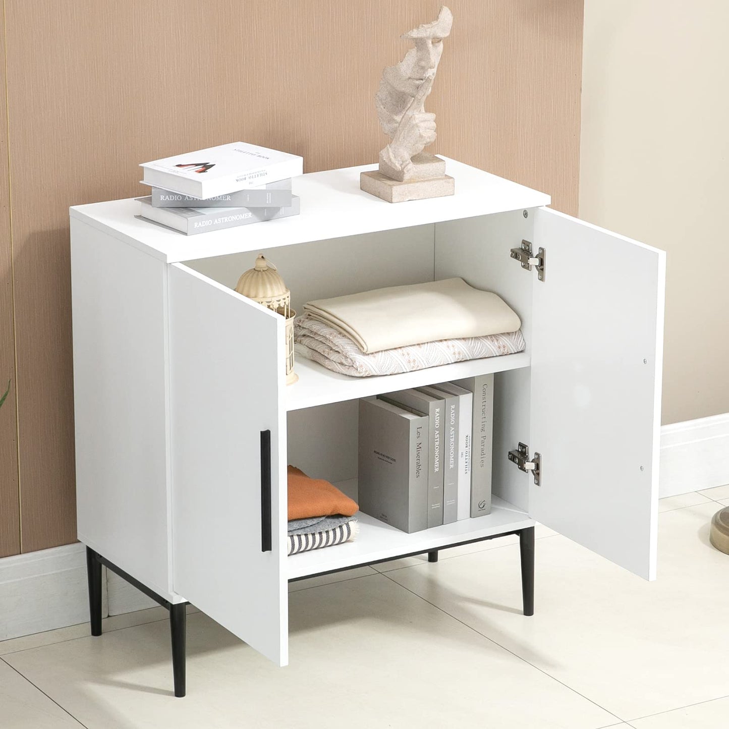 KFO Storage Cabinet with Doors, White Accent Cabinet, Modern Free Standing Cabinet, Sideboard with Metal Base for Bedroom, Living Room, Kitchen and - WoodArtSupply